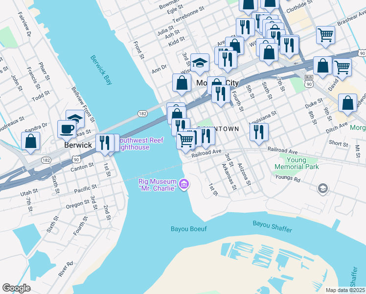 map of restaurants, bars, coffee shops, grocery stores, and more near 600 Front Street in Morgan City