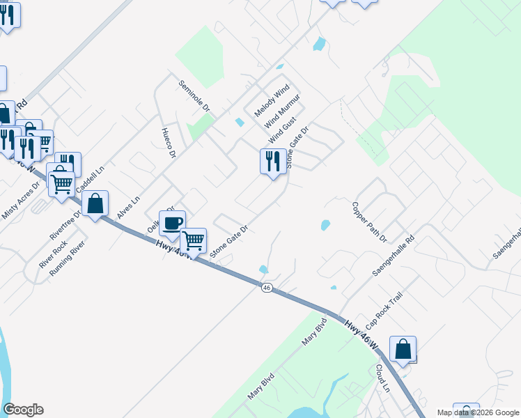 map of restaurants, bars, coffee shops, grocery stores, and more near 314 Stone Gate Drive in New Braunfels