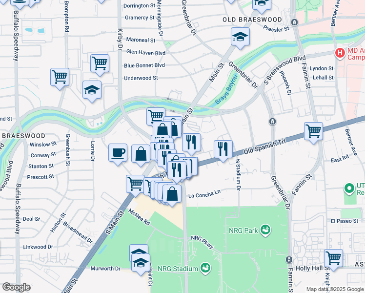 map of restaurants, bars, coffee shops, grocery stores, and more near 1333 Old Spanish Trail in Houston