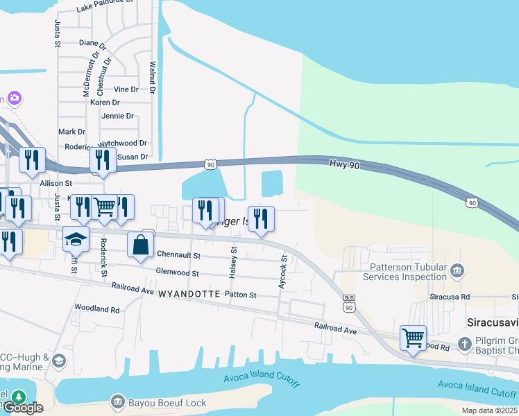 map of restaurants, bars, coffee shops, grocery stores, and more near 7100-7196 Park Road in Morgan City