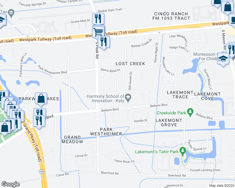 map of restaurants, bars, coffee shops, grocery stores, and more near 21743 Sierra Long Drive in Richmond