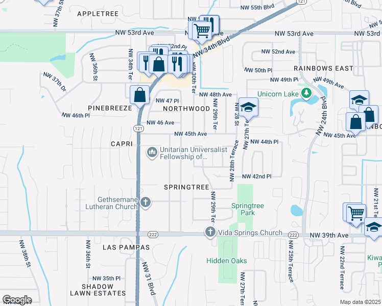 map of restaurants, bars, coffee shops, grocery stores, and more near 4344 Northwest 30th Terrace in Gainesville