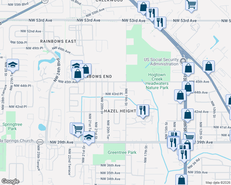 map of restaurants, bars, coffee shops, grocery stores, and more near 1929 Northwest 43rd Place in Gainesville