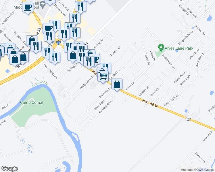 map of restaurants, bars, coffee shops, grocery stores, and more near 1225 Rivertree Drive in New Braunfels