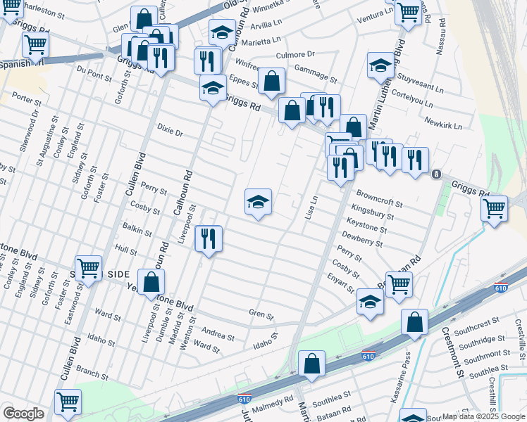 map of restaurants, bars, coffee shops, grocery stores, and more near 5001 Perry Street in Houston