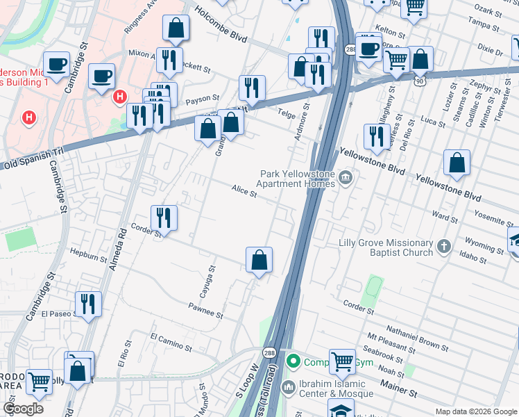 map of restaurants, bars, coffee shops, grocery stores, and more near 7110 Ardmore Street in Houston
