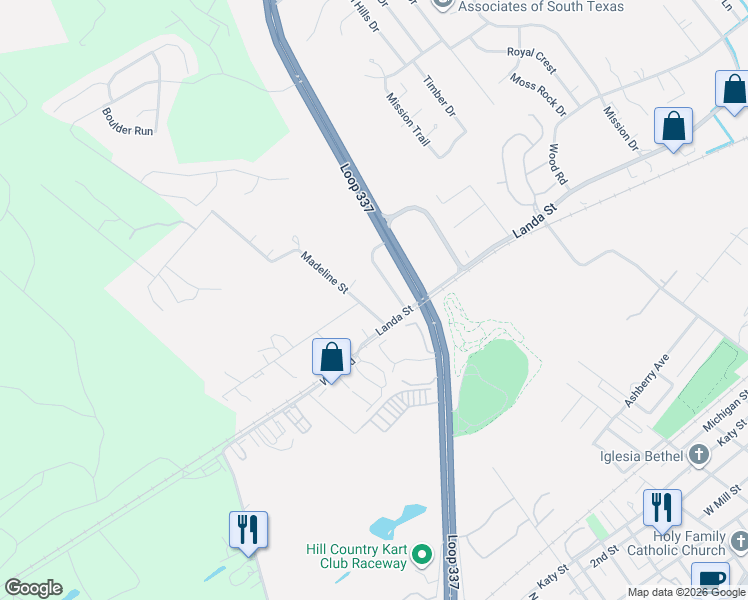 map of restaurants, bars, coffee shops, grocery stores, and more near 1011 Madeline Street in New Braunfels