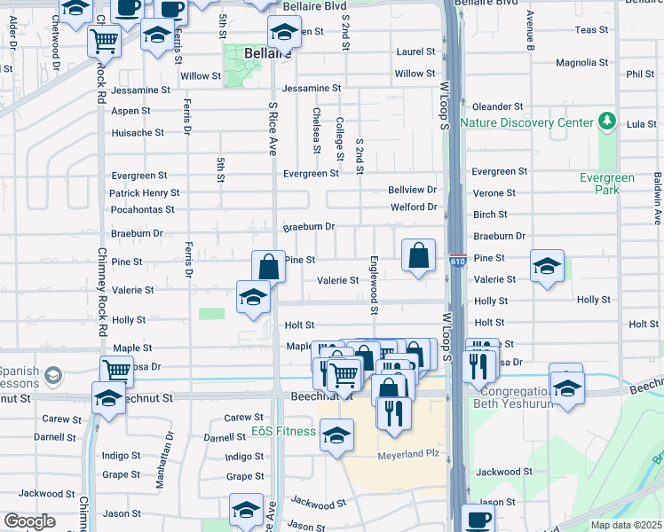 map of restaurants, bars, coffee shops, grocery stores, and more near 4912 Valerie Street in Bellaire
