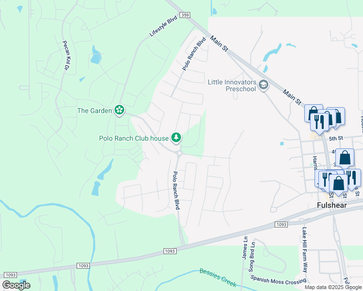 map of restaurants, bars, coffee shops, grocery stores, and more near Polo Ranch Boulevard in Fulshear