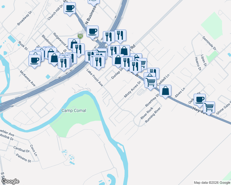 map of restaurants, bars, coffee shops, grocery stores, and more near 1014 Carolyn Cove in New Braunfels