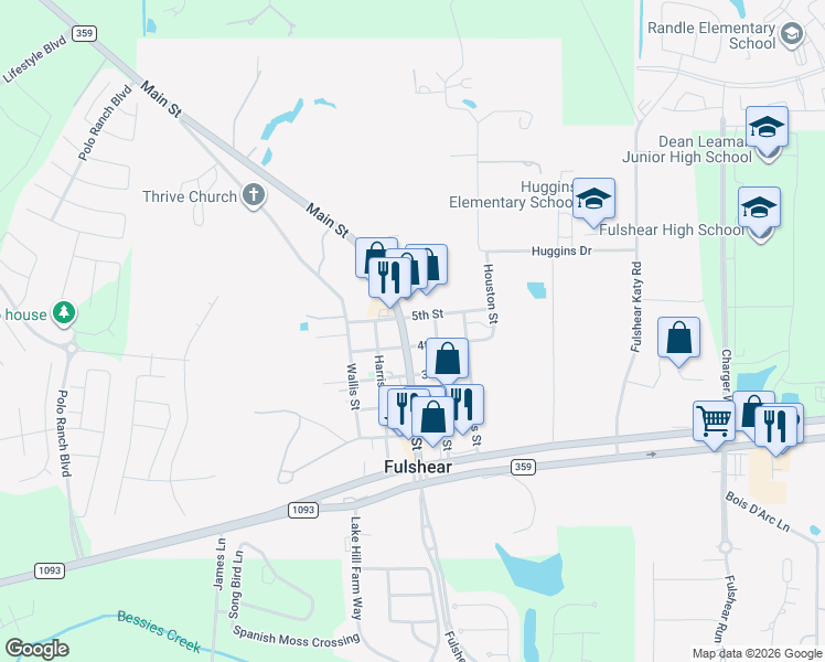 map of restaurants, bars, coffee shops, grocery stores, and more near 30503 4th Street in Fulshear