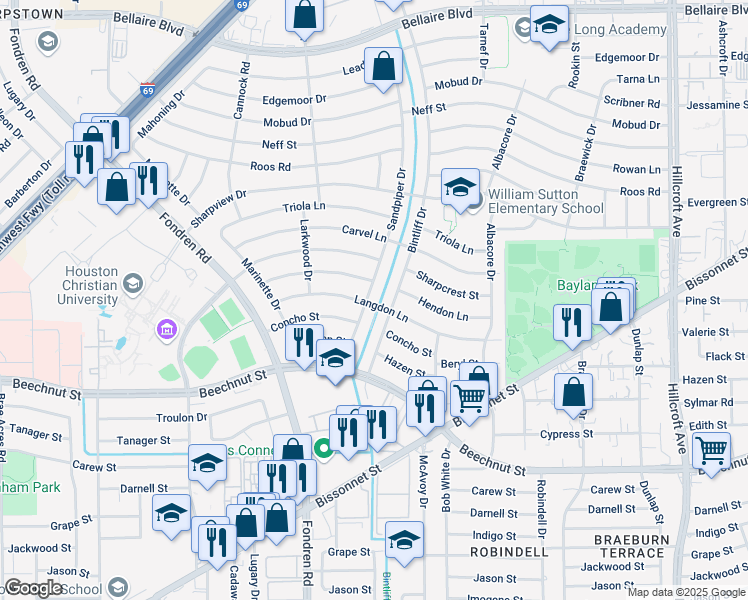 map of restaurants, bars, coffee shops, grocery stores, and more near 7002 Concho Street in Houston