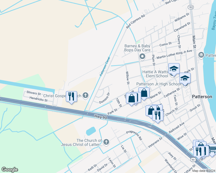 map of restaurants, bars, coffee shops, grocery stores, and more near 199 Domino Dr in Patterson