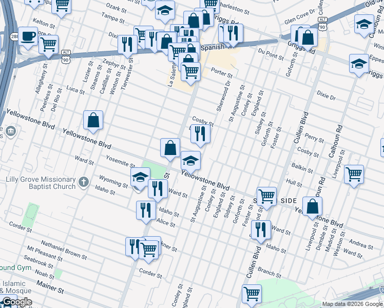 map of restaurants, bars, coffee shops, grocery stores, and more near 3939 Alberta Street in Houston