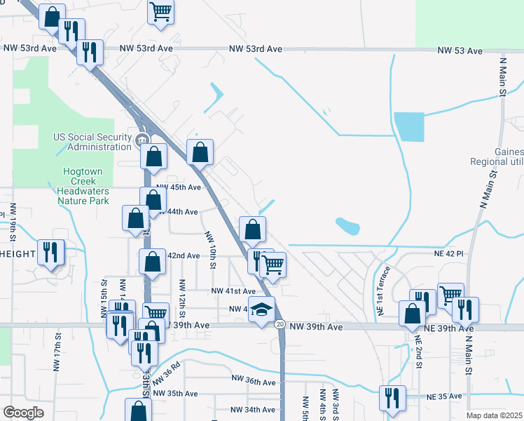 map of restaurants, bars, coffee shops, grocery stores, and more near 4215 Northwest 6th Street in Gainesville