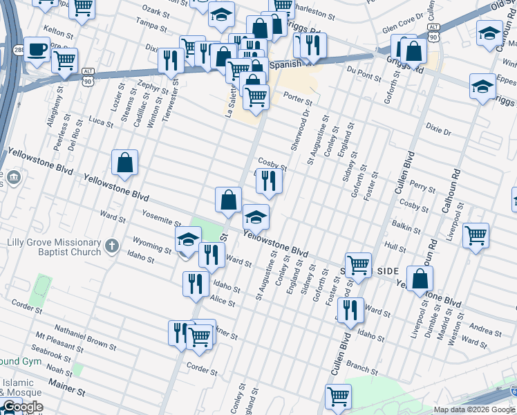 map of restaurants, bars, coffee shops, grocery stores, and more near 3939 Alberta Street in Houston