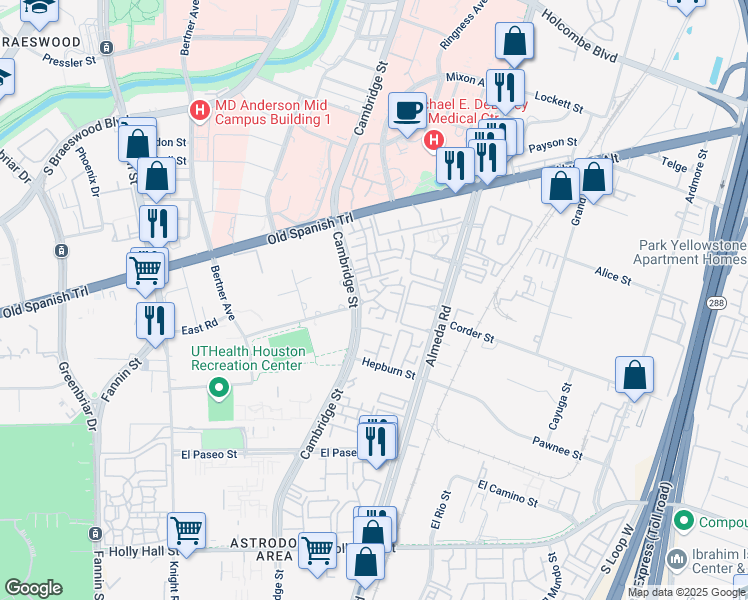 map of restaurants, bars, coffee shops, grocery stores, and more near 7719 Cambridge Street in Houston