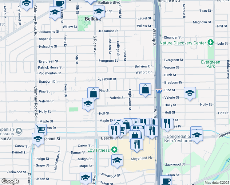 map of restaurants, bars, coffee shops, grocery stores, and more near 4912 Valerie Street in Bellaire