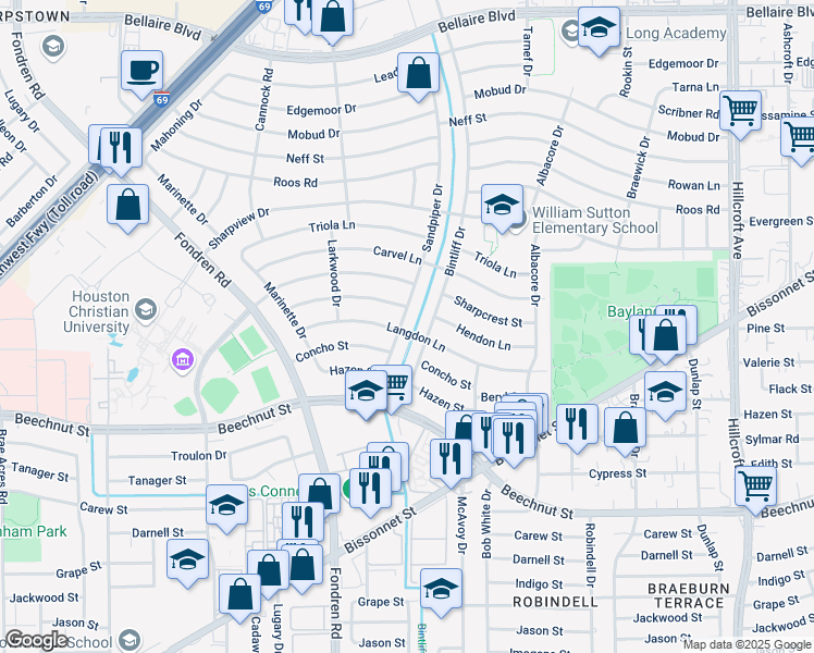 map of restaurants, bars, coffee shops, grocery stores, and more near 7002 Concho Street in Houston
