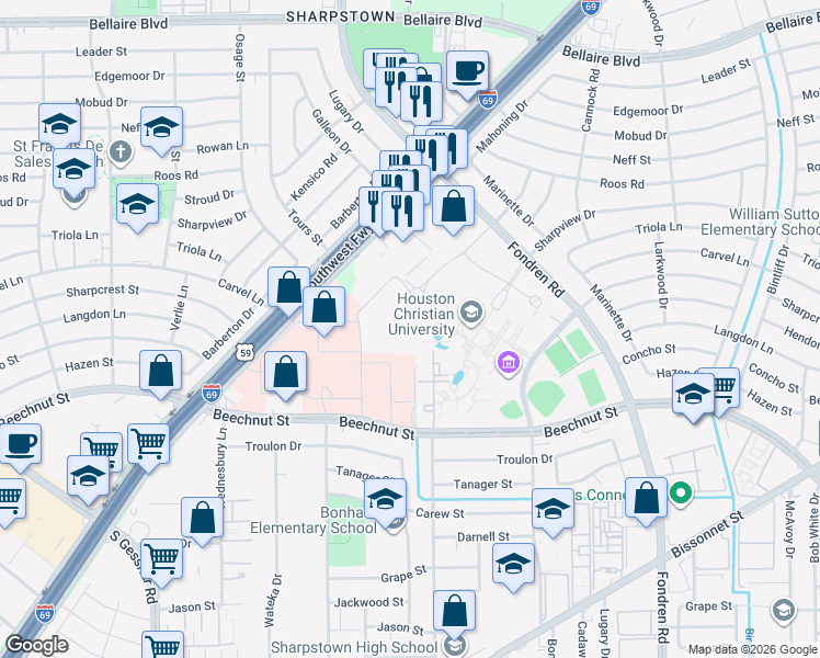 map of restaurants, bars, coffee shops, grocery stores, and more near 7480 Beechnut Street in Houston