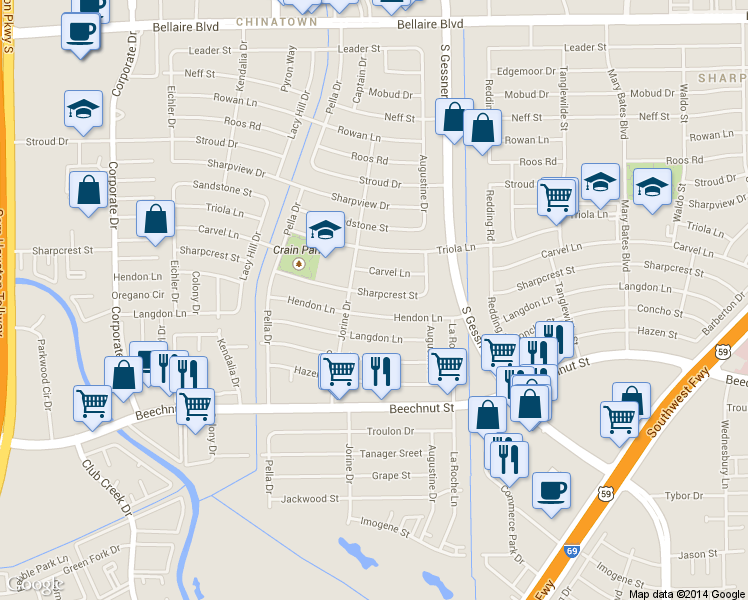 map of restaurants, bars, coffee shops, grocery stores, and more near 8911 Hendon Lane in Houston