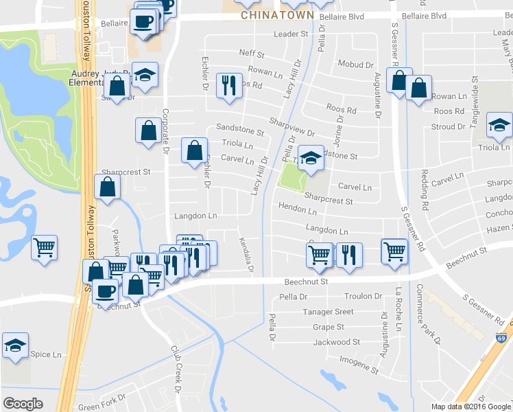 map of restaurants, bars, coffee shops, grocery stores, and more near 9203 Langdon Lane in Houston