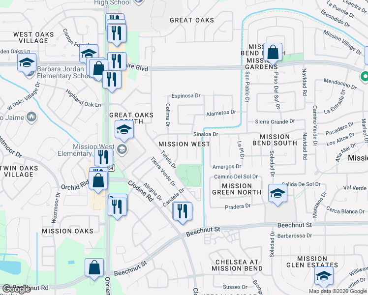 map of restaurants, bars, coffee shops, grocery stores, and more near 7518 Arista Drive in Houston