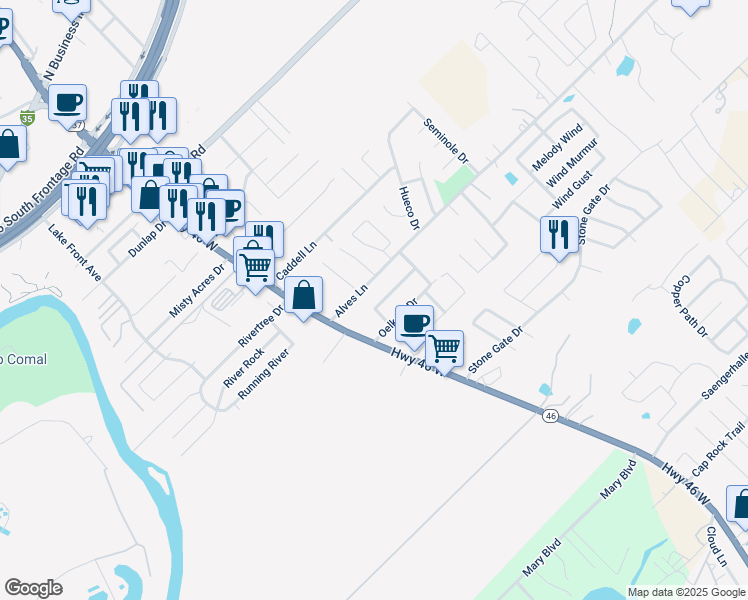 map of restaurants, bars, coffee shops, grocery stores, and more near 202 Anne Louise Drive in New Braunfels