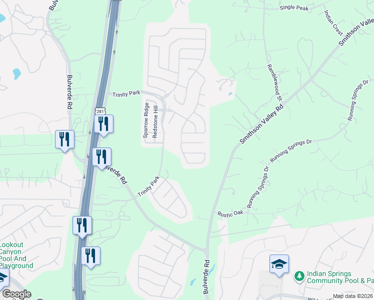 map of restaurants, bars, coffee shops, grocery stores, and more near 26515 Rustic Brook in San Antonio