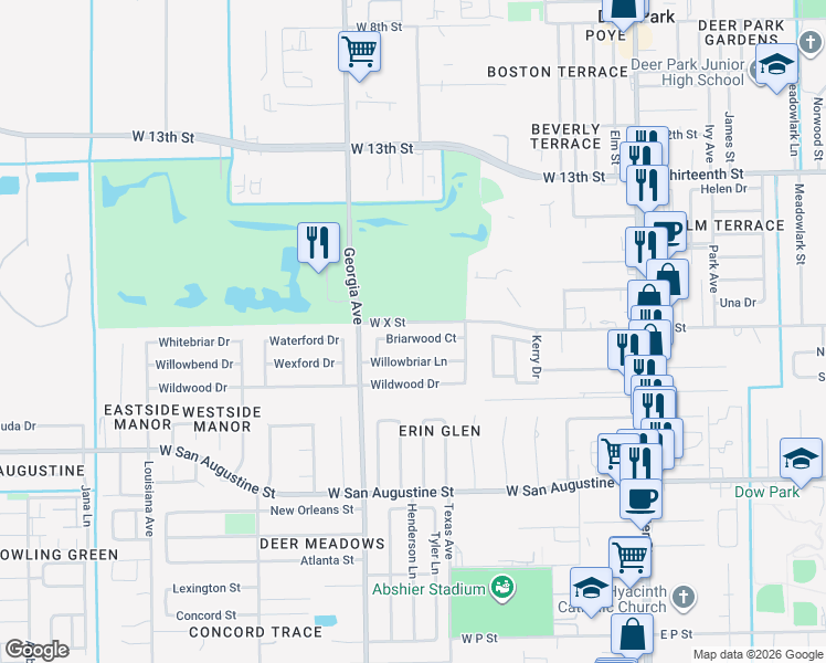 map of restaurants, bars, coffee shops, grocery stores, and more near 1109 Willowbriar Lane in Deer Park