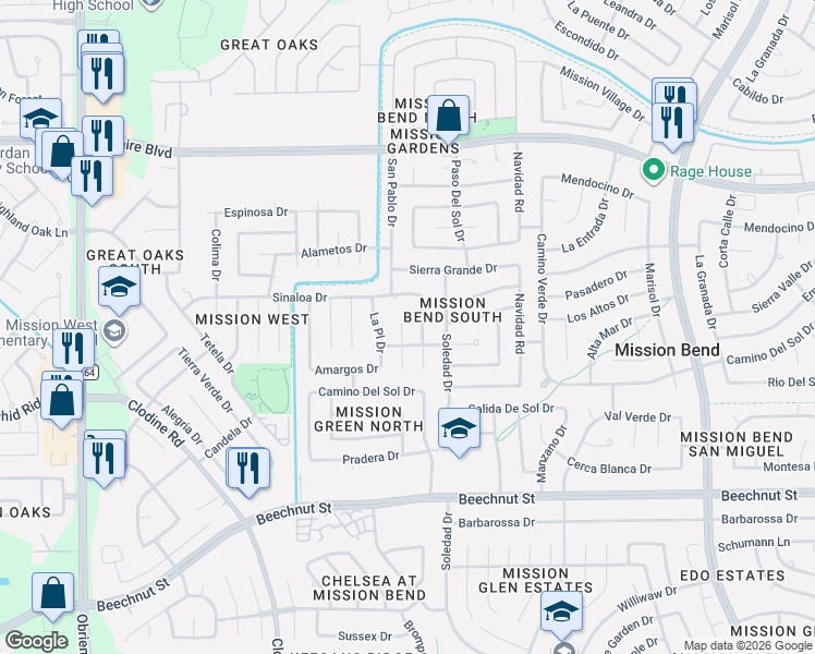 map of restaurants, bars, coffee shops, grocery stores, and more near 7447 Lobera Drive in Houston