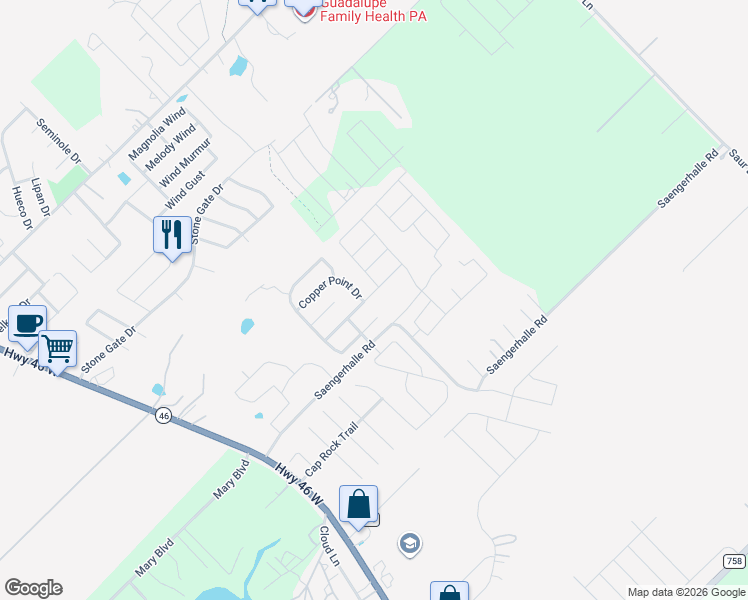 map of restaurants, bars, coffee shops, grocery stores, and more near 433 Copper Wood Drive in New Braunfels