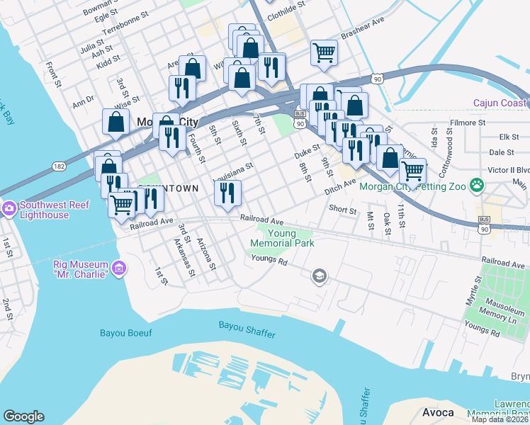 map of restaurants, bars, coffee shops, grocery stores, and more near 699 Barrow Street in Morgan City