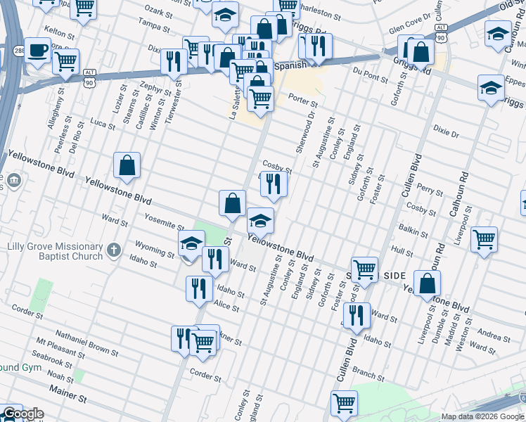 map of restaurants, bars, coffee shops, grocery stores, and more near 3939 Alberta Street in Houston