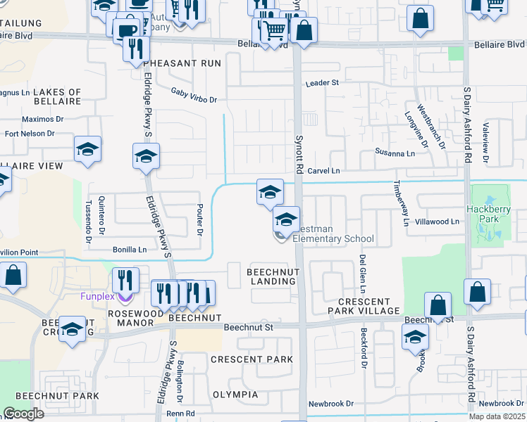 map of restaurants, bars, coffee shops, grocery stores, and more near 7600 Synott Road in Houston