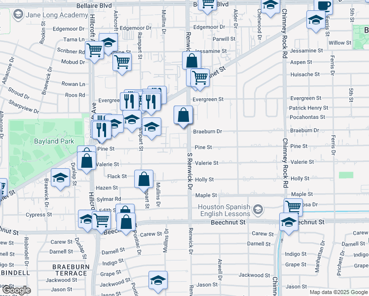 map of restaurants, bars, coffee shops, grocery stores, and more near 5506 Pine Street in Bellaire