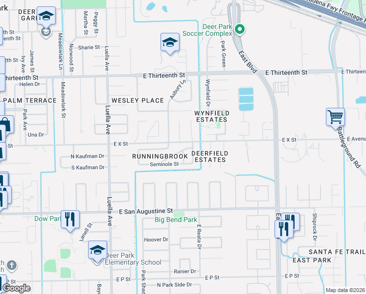 map of restaurants, bars, coffee shops, grocery stores, and more near 1418 Cherokee Street in Deer Park