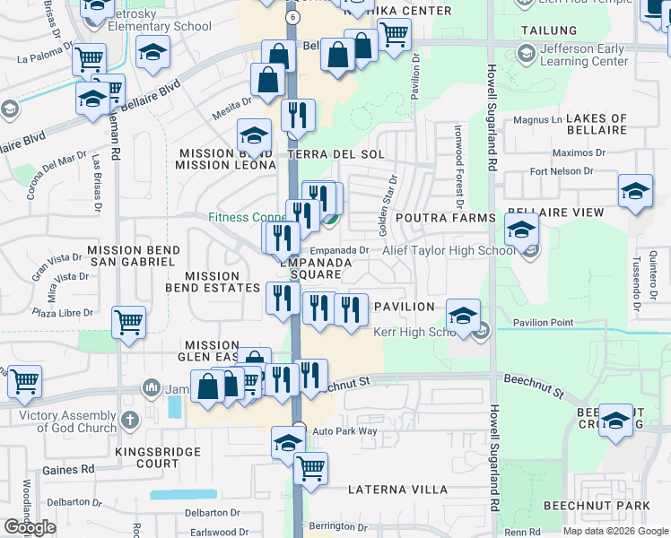 map of restaurants, bars, coffee shops, grocery stores, and more near 14300-14316 Pavilion Point in Houston