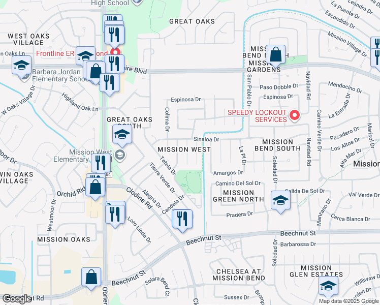 map of restaurants, bars, coffee shops, grocery stores, and more near 7514 Tremendo Drive in Houston