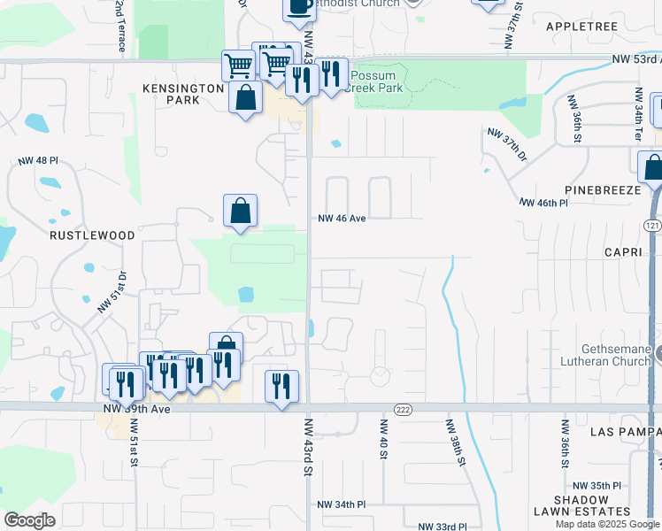 map of restaurants, bars, coffee shops, grocery stores, and more near 4229 Northwest 43rd Street in Gainesville