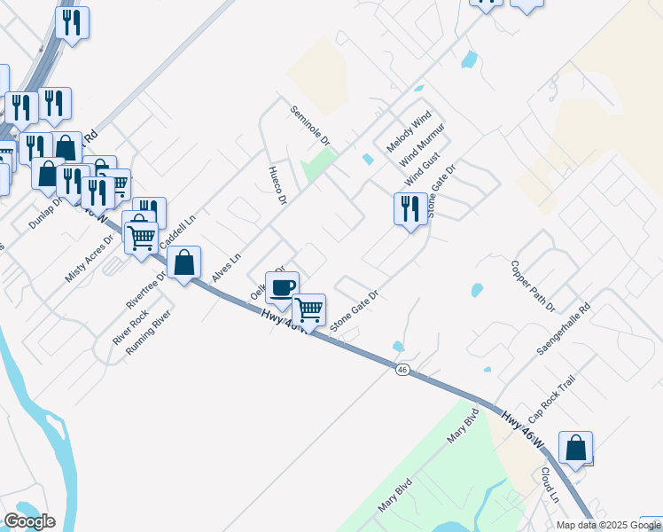 map of restaurants, bars, coffee shops, grocery stores, and more near 233 Stone Hollow in New Braunfels