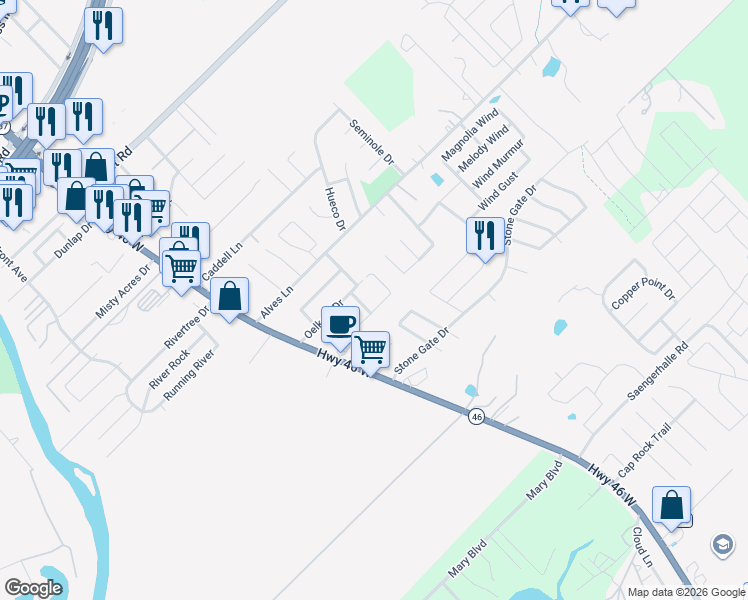 map of restaurants, bars, coffee shops, grocery stores, and more near 267 Rosalie Drive in New Braunfels