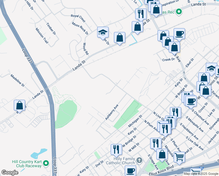 map of restaurants, bars, coffee shops, grocery stores, and more near 727 North Live Oak Avenue in New Braunfels