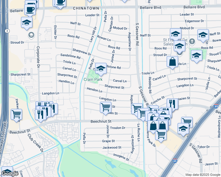 map of restaurants, bars, coffee shops, grocery stores, and more near 9003 Hendon Lane in Houston