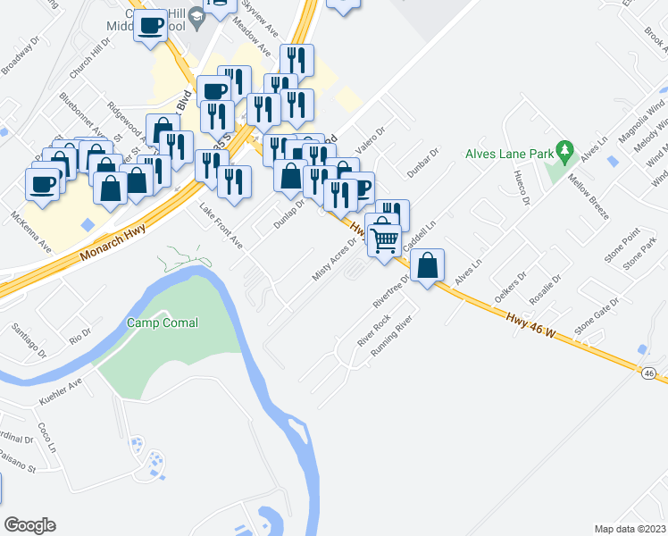 map of restaurants, bars, coffee shops, grocery stores, and more near 1128 Misty Acres Drive in New Braunfels