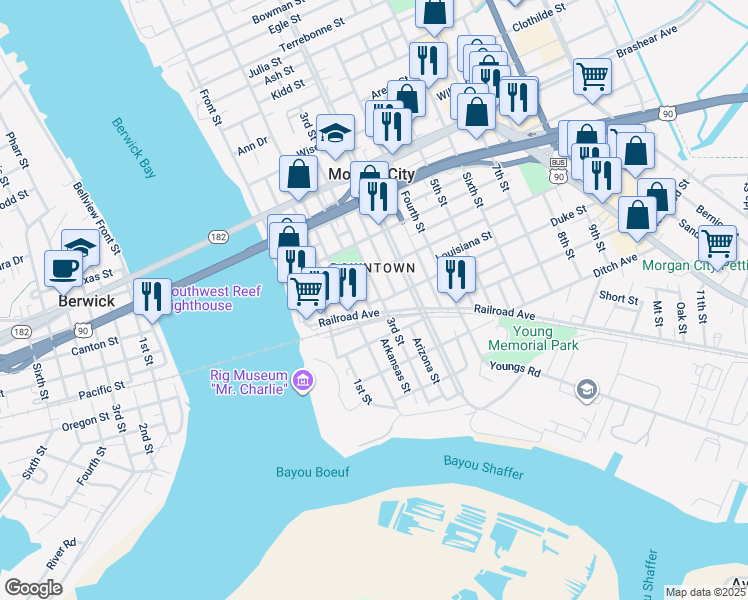 map of restaurants, bars, coffee shops, grocery stores, and more near 300-398 S Railroad Ave in Morgan City
