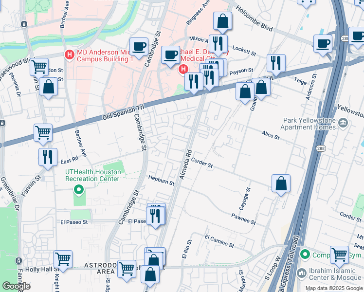 map of restaurants, bars, coffee shops, grocery stores, and more near 7200 Almeda Road in Houston