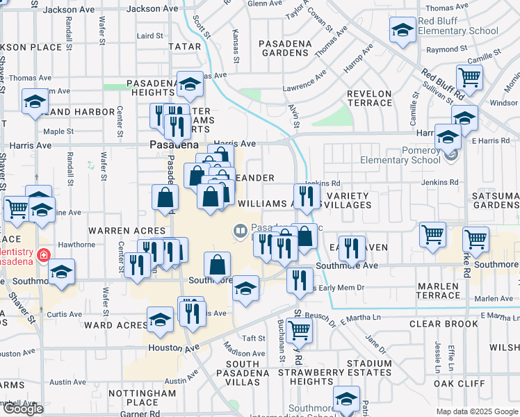 map of restaurants, bars, coffee shops, grocery stores, and more near 1114 Jeff Ginn Memorial Drive in Pasadena