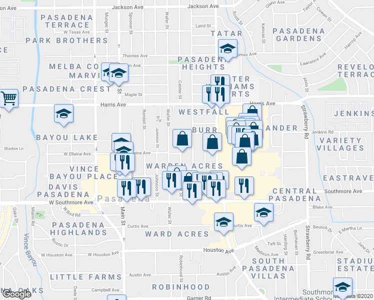 map of restaurants, bars, coffee shops, grocery stores, and more near 1106 Witter Street in Pasadena