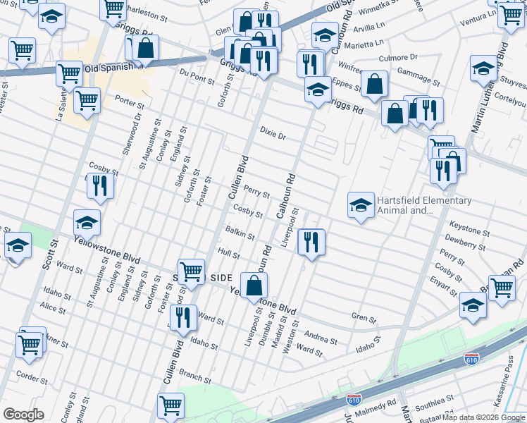 map of restaurants, bars, coffee shops, grocery stores, and more near 6409 Paris Street in Houston
